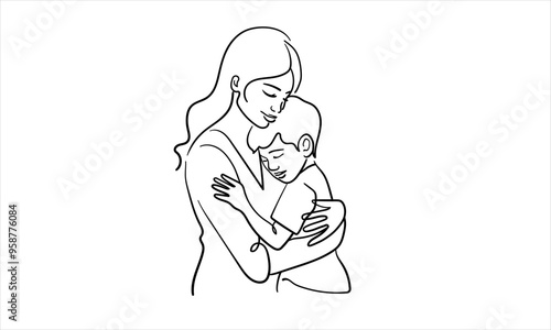 Mother hugs child continuous line art drawing isolated on white background. Mom and son. Vector illustration	