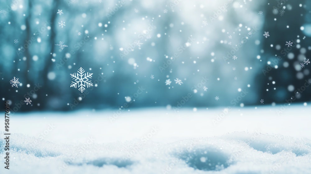 Snowflakes gently falling in a quiet forest, winter weather, serene and peaceful Snowflakes gently falling in a quiet forest, winter weather, serene and peaceful