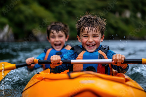 Two young boys in life jackets are kayaking in a river, both laughing and showing enthusiasm while enjoying their adventure on the water, under a bright sky. photo