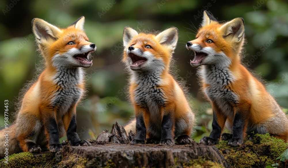 Three baby foxes are sitting on a log, one of them is making a loud noise. Concept of playfulness and innocence, as the young foxes are enjoying their time together in the forest Three baby foxes are sitting on a log, one of them is making a loud noise. Concept of playfulness and innocence, as the young foxes are enjoying their time together in the forest