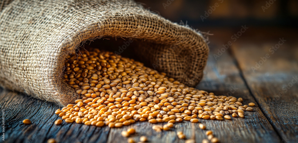 A bag of grain is sitting on a wooden table A bag of grain is sitting on a wooden table