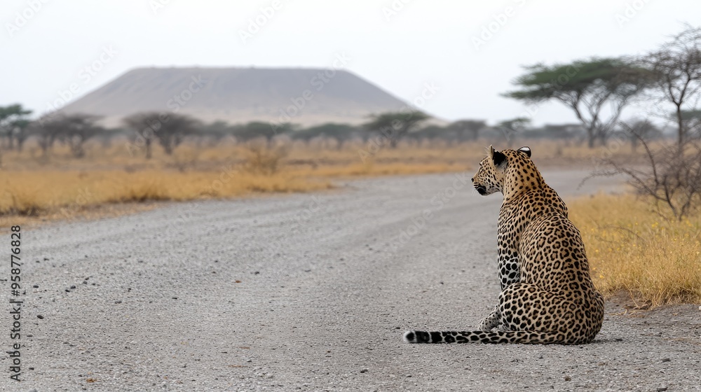 Obraz premium This majestic leopard sits attentively on lush grass in Masai Mara, observing its surroundings in the tranquility of the African landscape, highlighting its natural grace