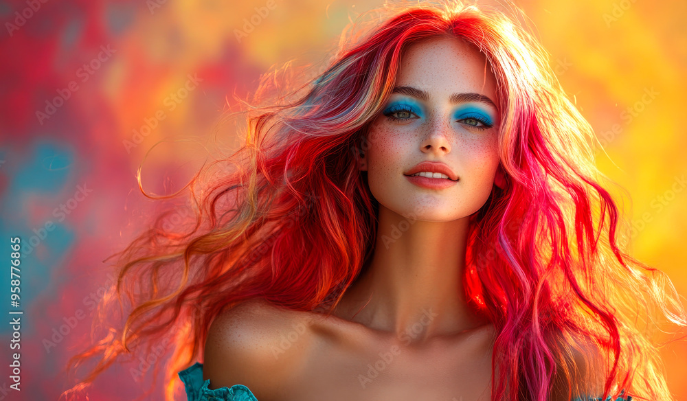 A woman with long red hair and blue eyes is smiling. She is wearing a blue shirt and has blue eyeshadow A woman with long red hair and blue eyes is smiling. She is wearing a blue shirt and has blue eyeshadow