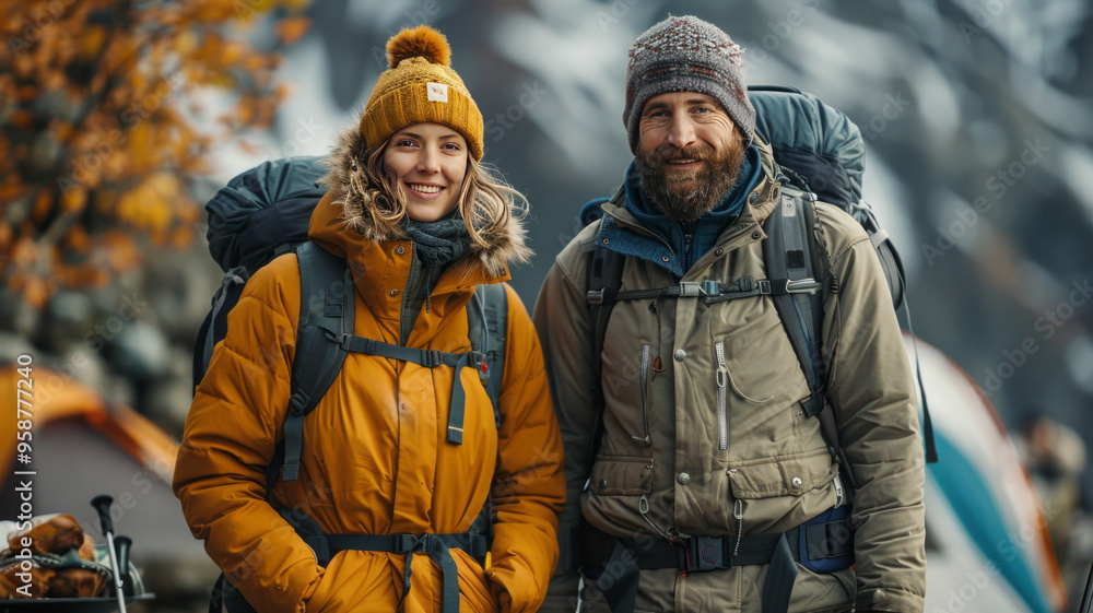a man and woman dressed in winter-spring outdoor clothes on hiking trip eating food they cooked in mountain environment, a man and woman dressed in winter-spring outdoor clothes on hiking trip eating food they cooked in mountain environment,