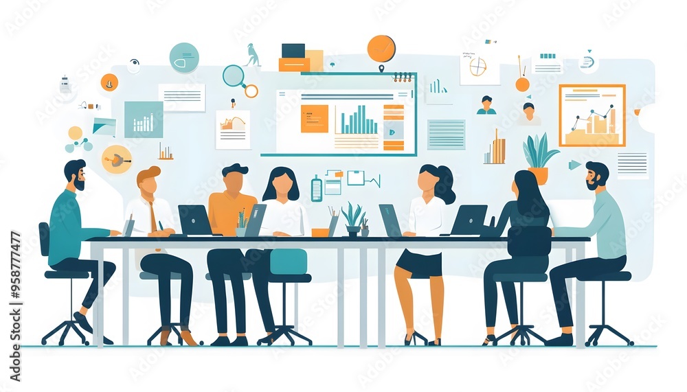 Business Team Meeting Around a Table with Laptops and Data Charts Business Team Meeting Around a Table with Laptops and Data Charts