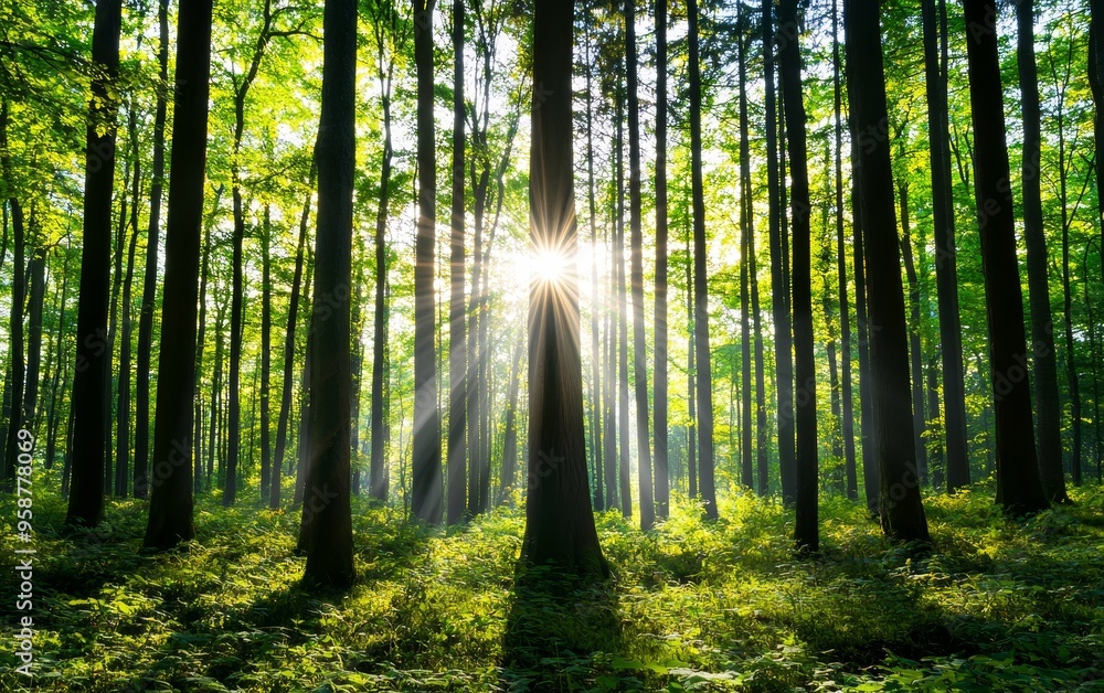 Obraz premium Bright morning light streaming through a forest, symbolizing the promise of a new day
