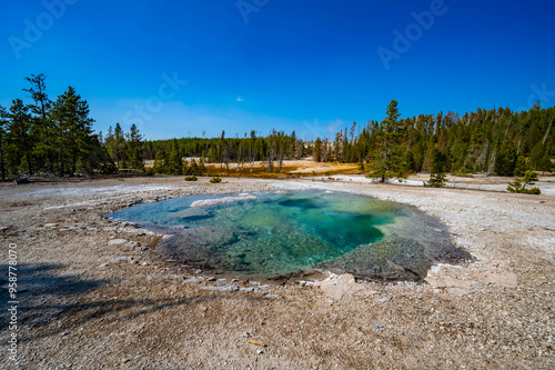 Yellowstone National Park Norris Geyser Basin and Fountain Paint Pots while hiking trails photo