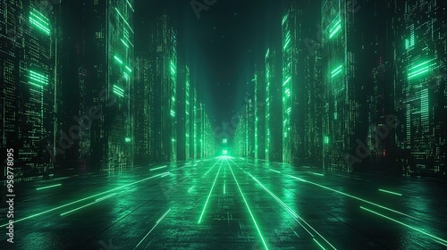 abstract cyber backgroun with green neon fluorescent lines glowing virtual reality matrix digital high tech wallpaper