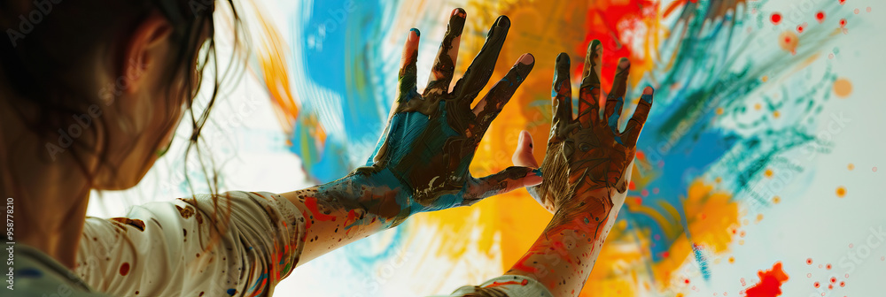 Obraz premium The Art of Frames: A movie poster designer, her hands covered in paint, creating a striking visual for an upcoming release.