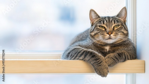 Cat enjoying a window-mounted perch with a city view, Pet furniture, Urban pet living