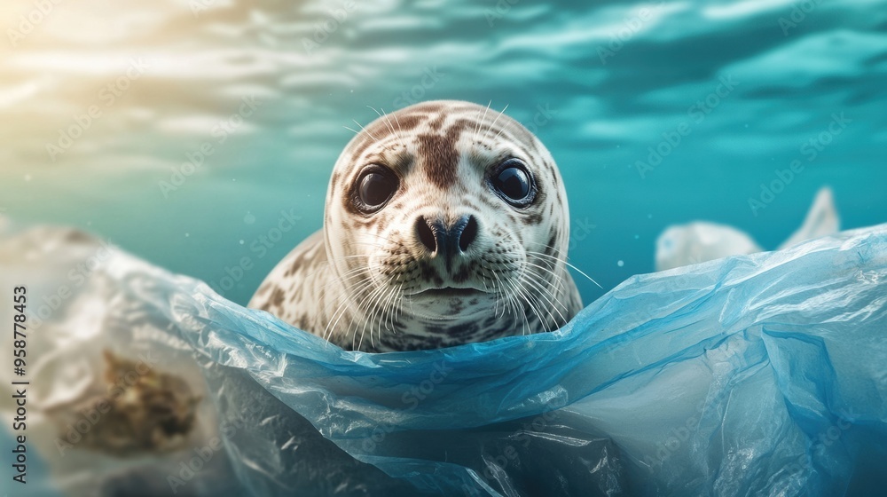Obraz premium A seal is swimming in a plastic bag under the water, AI