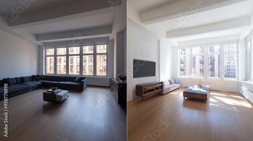 Featuring before and after photos of a modern apartment transformation, highlighting improvements to design and decor photo