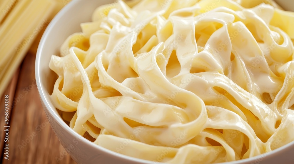 Close-up of creamy Alfredo pasta, freshly served in a bowl, rich and delicious, 3D illustration Close-up of creamy Alfredo pasta, freshly served in a bowl, rich and delicious, 3D illustration