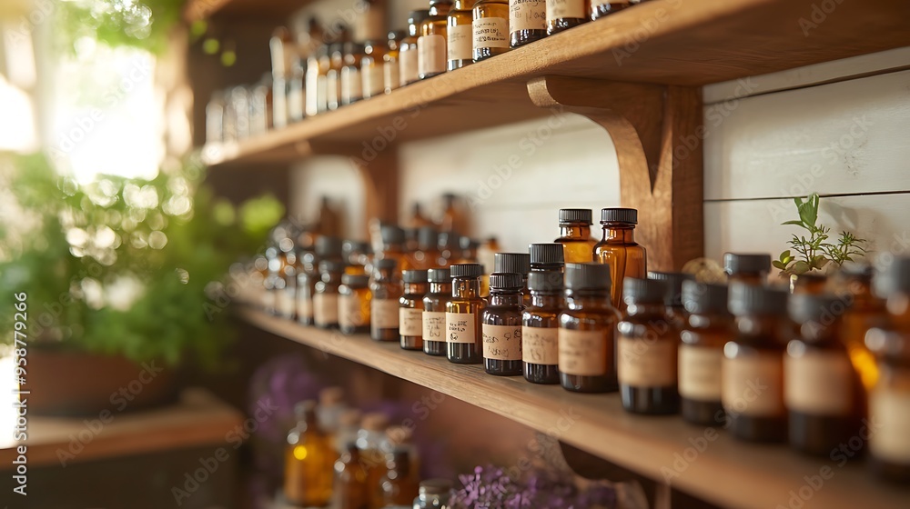 Essential Oils Display: A serene and inviting scene showcasing a meticulously arranged collection of essential oil bottles on a wooden shelf, bathed in natural light. The image evokes a sense of well- Essential Oils Display: A serene and inviting scene showcasing a meticulously arranged collection of essential oil bottles on a wooden shelf, bathed in natural light. The image evokes a sense of well-