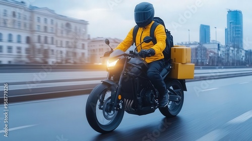 A motorcycle courier wearing a yellow jacket rides through the city delivering packages on a rainy day. photo