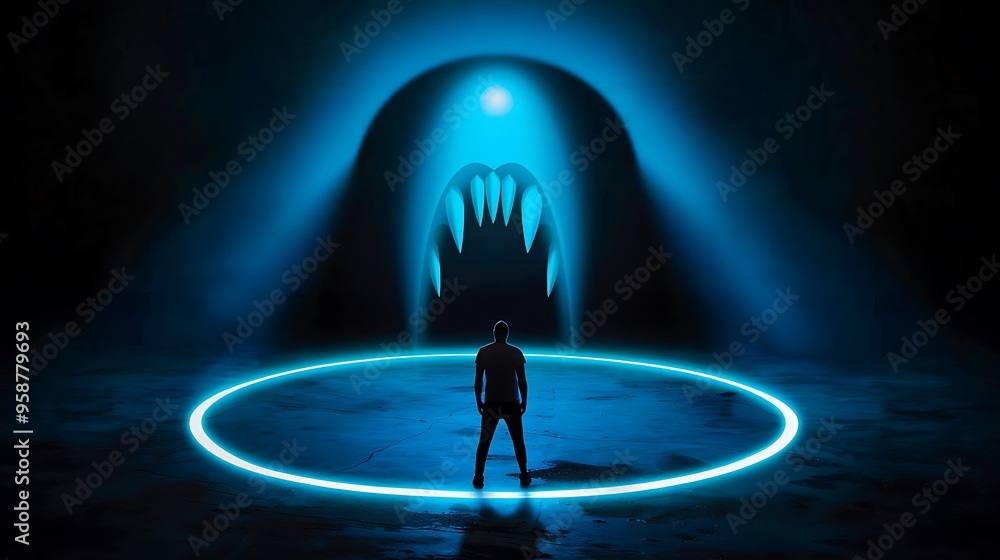 Naklejka premium Crippling social anxiety a person stands in the center of a spotlight their face anxious and eyes wide as shadows representing judgment loom around them the light isolates them making them feel 