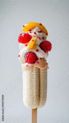 A banana popsicle topped with whipped cream, raspberries, a peach slice, and sprinkles. photo