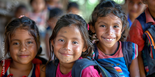 Happy children attending school in the village. Mexico. Magazine photo. Educational toys.