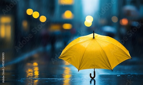 Wallpaper Mural Yellow Umbrella in Rainy City Street at Night Torontodigital.ca