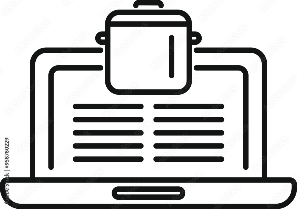 Simple vector icon representing the concept of online cooking courses, with a pan over a laptop displaying a recipe Simple vector icon representing the concept of online cooking courses, with a pan over a laptop displaying a recipe