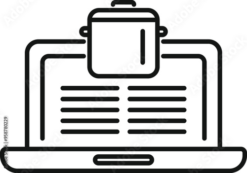 Simple vector icon representing the concept of online cooking courses, with a pan over a laptop displaying a recipe