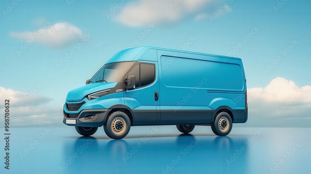 A vibrant blue delivery van standing against a clear sky, perfect for logistics and transportation themes. A vibrant blue delivery van standing against a clear sky, perfect for logistics and transportation themes.