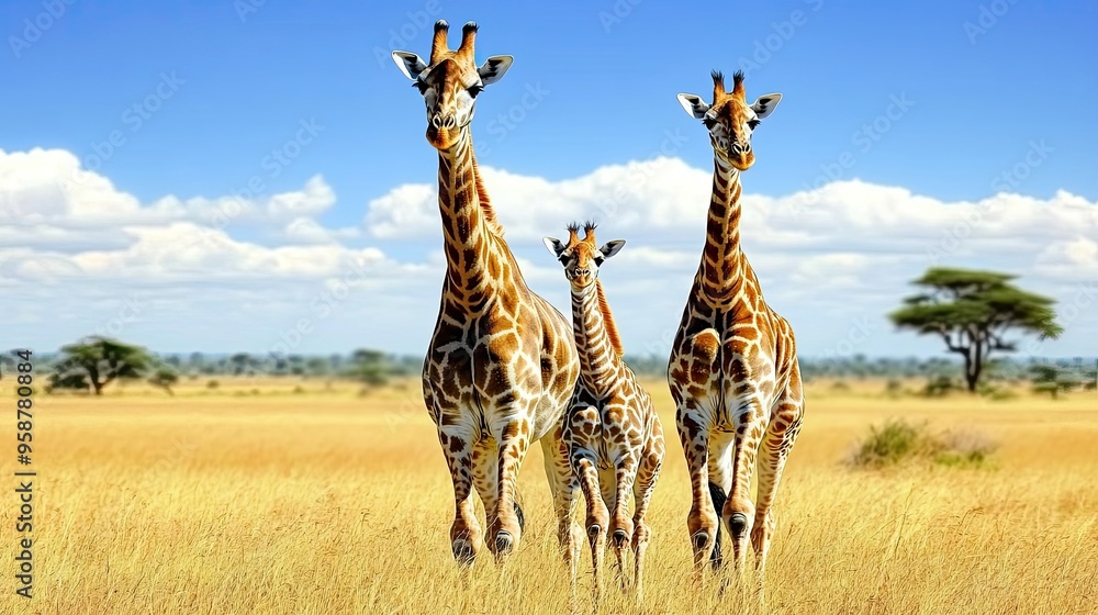 Fototapeta premium Two adult giraffes and a calf stroll together across the savannah, enjoying the warmth of the sun against a backdrop of a vibrant blue sky filled with clouds