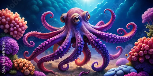 Vibrant purple octopus with eight curved tentacles and large, expressive eyes swims through dark blue waters, photo