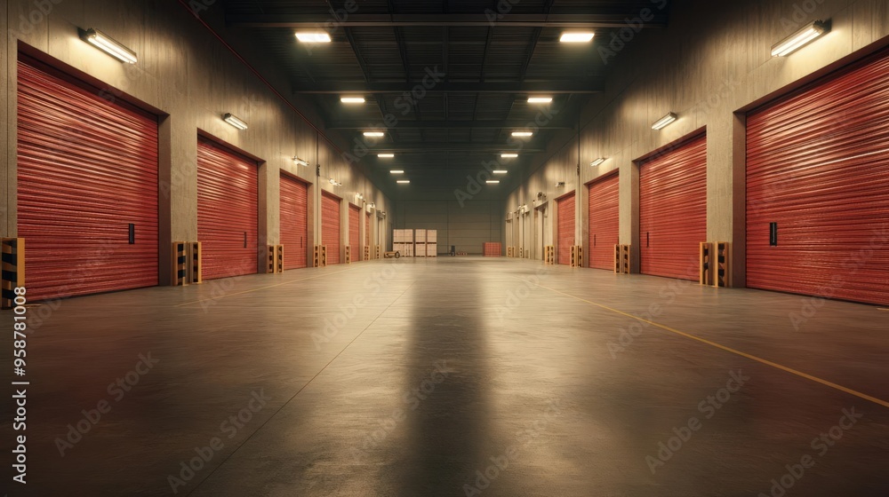 A spacious warehouse interior featuring rows of red garage doors, perfect for industrial or storage-themed projects. A spacious warehouse interior featuring rows of red garage doors, perfect for industrial or storage-themed projects.