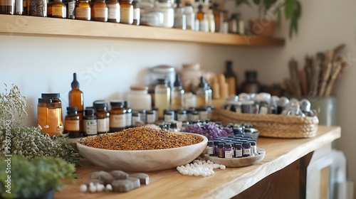 A peaceful wellness space filled with homeopathic remedies, energy healing tools, and herbal medicine, representing the connection between holistic health and the natural healing process. 