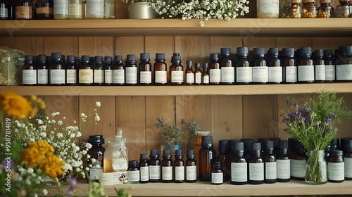 A serene space where homeopathic remedies and herbal medicine are neatly arranged on a wooden shelf, highlighting the natural healing elements and wellness lifestyle associated with alternative 