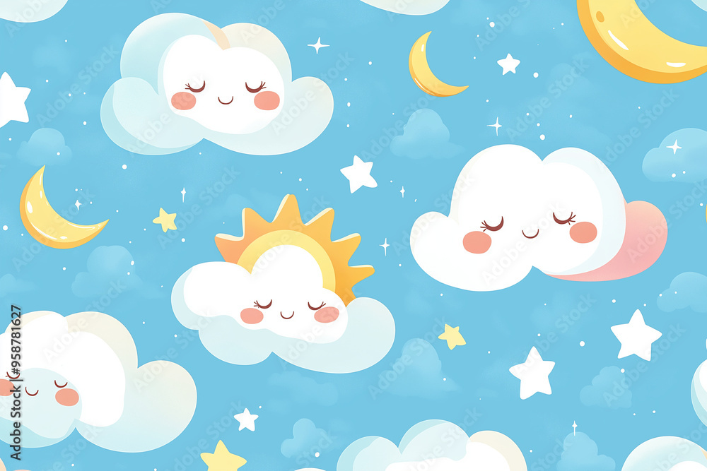 The seamless photo of cute cartoon in the heart shape and clouds sky with the moon for wallpaper background The seamless photo of cute cartoon in the heart shape and clouds sky with the moon for wallpaper background