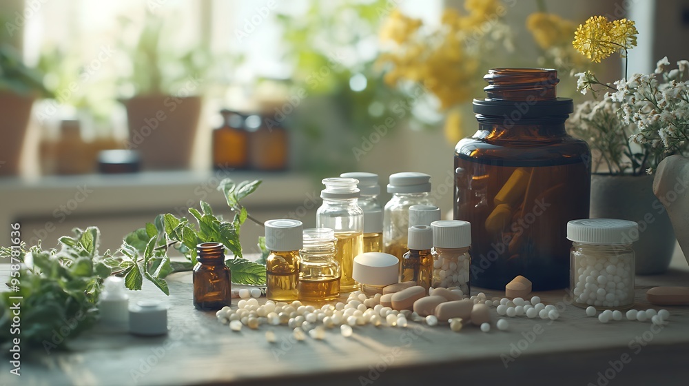 A table filled with complementary medicine products such as homeopathic drops, herbal extracts, and small vials of natural remedies, representing the holistic approach to health and wellness. A table filled with complementary medicine products such as homeopathic drops, herbal extracts, and small vials of natural remedies, representing the holistic approach to health and wellness.