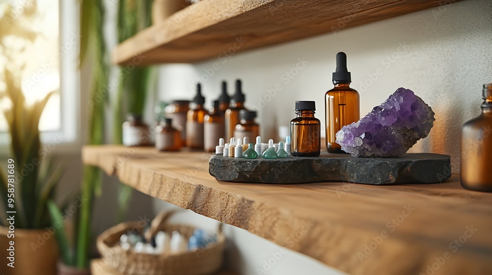A tranquil scene of a wellness clinic with homeopathic remedies, energy healing crystals, and organic treatments neatly arranged on wooden shelves, creating a calming atmosphere for holistic A tranquil scene of a wellness clinic with homeopathic remedies, energy healing crystals, and organic treatments neatly arranged on wooden shelves, creating a calming atmosphere for holistic