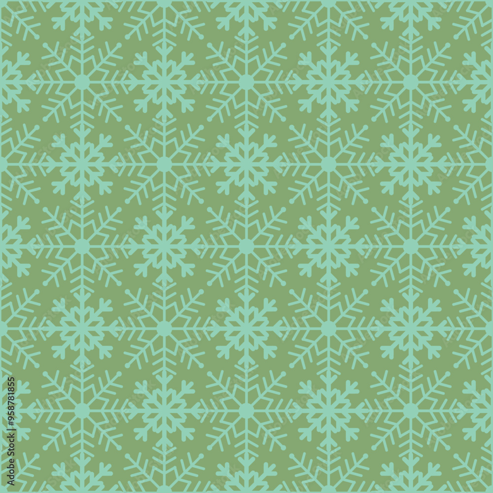 Beautiful monochrome Christmas seamless vector snowflake texture on green background. A classical seasonal pattern for wrapping paper, greeting cards, invitations, gift boxes and web background. Beautiful monochrome Christmas seamless vector snowflake texture on green background. A classical seasonal pattern for wrapping paper, greeting cards, invitations, gift boxes and web background.