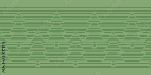Monochrome green seamless vector pattern Border with striped Christmas trees on striped background. Abstract geometric design for wrapping paper, interior decoration and stationery.