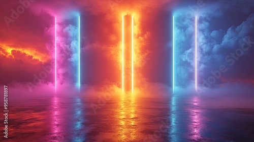 abstract minimalist backgroun neon vertical lines an glowing colorful clou stormy cumulus futuristic wallpaper