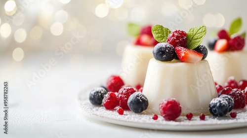 Three white panna cotta desserts topped with fresh raspberries, strawberries, and blueberries on a white plate with powdered sugar sprinkled on the plate and blurred bokeh lights in the background.