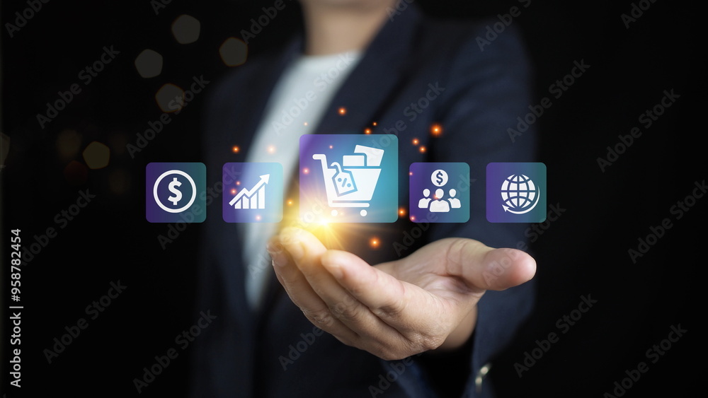 Naklejka premium Human hold digital online marketing commerce sale,digital search engine, SEO, social media, ads, E-commerce website advertising, promotion of products, digital marketing strategy and goals.