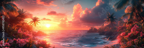 Gorgeous sunset over tropical beach, vivid pinks and oranges, lush flora, soothing waves, peaceful and enchanting mood