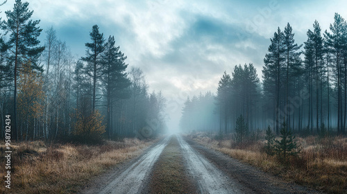 A tranquil image of a foggy dirt road set in a wet forest landscape, captured early in the morning, evoking a sense of solitude and peacefulness amid nature's calm beauty.
