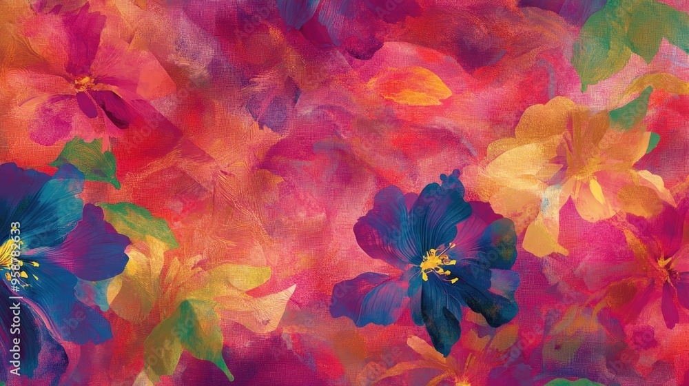 A vibrant digital rendering of a silk fabric with hand-painted floral motifs in bright, jewel tones. The artistic design is perfect for creating stunning textiles or wallpapers. A vibrant digital rendering of a silk fabric with hand-painted floral motifs in bright, jewel tones. The artistic design is perfect for creating stunning textiles or wallpapers.
