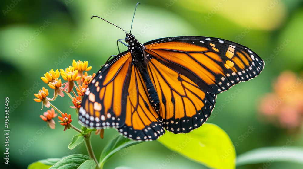 Close-Up of a Vibrant Monarch Butterfly Perched on Blossoming Flowers in a Lush Garden Close-Up of a Vibrant Monarch Butterfly Perched on Blossoming Flowers in a Lush Garden