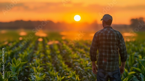 A farmer stands in a vast field at sunset, observing the growth of crops, creating a peaceful and hardworking atmosphere. Perfect for themes of agriculture, farming, and rural life.