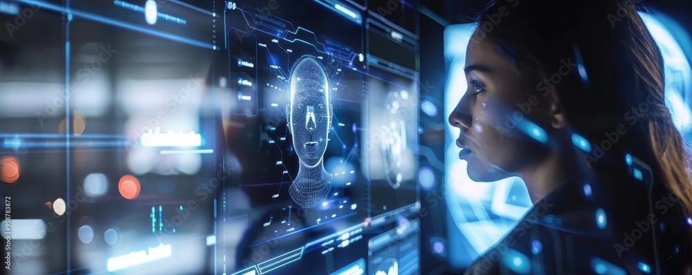 Fototapeta premium Woman analyzing digital biometric data on futuristic technology screen in high-tech environment.