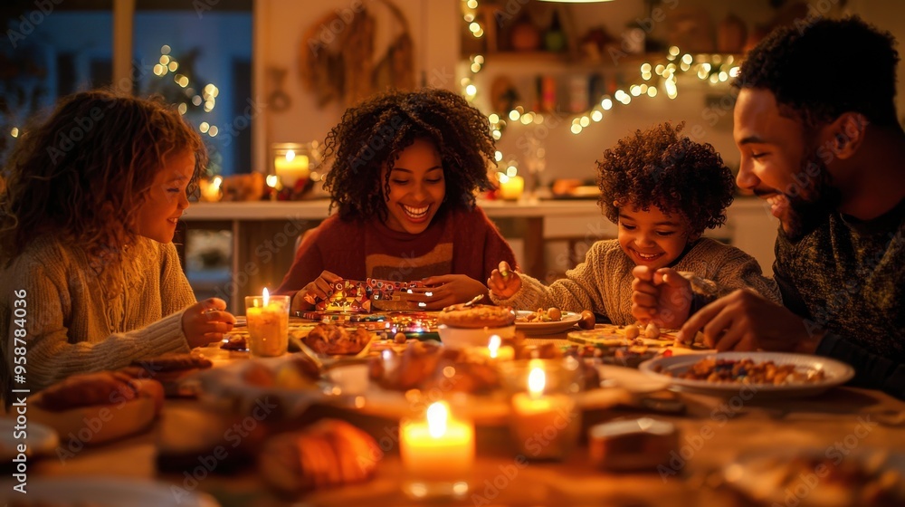 A multicultural family playing board games around a Thanksgiving table, filled with laughter and friendly competition as the warm glow of candles lights up the room