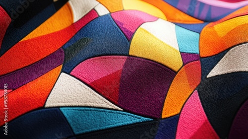 Close-up of a vibrant, geometric fabric pattern with sharp, contrasting colors and shapes. The design showcases a modern aesthetic with bold lines and intricate details.