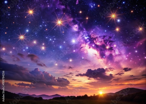 Vibrant starry night sky with twinkling celestial bodies, soft focus, and subtle purple hues, evoking a sense of photo