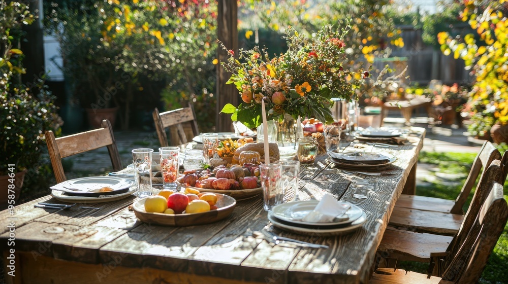 Rustic wooden table set for Thanksgiving in an outdoor garden the scene includes a mix of homemade dishes and local crafts while guests from various cultures share in gratitude Rustic wooden table set for Thanksgiving in an outdoor garden the scene includes a mix of homemade dishes and local crafts while guests from various cultures share in gratitude