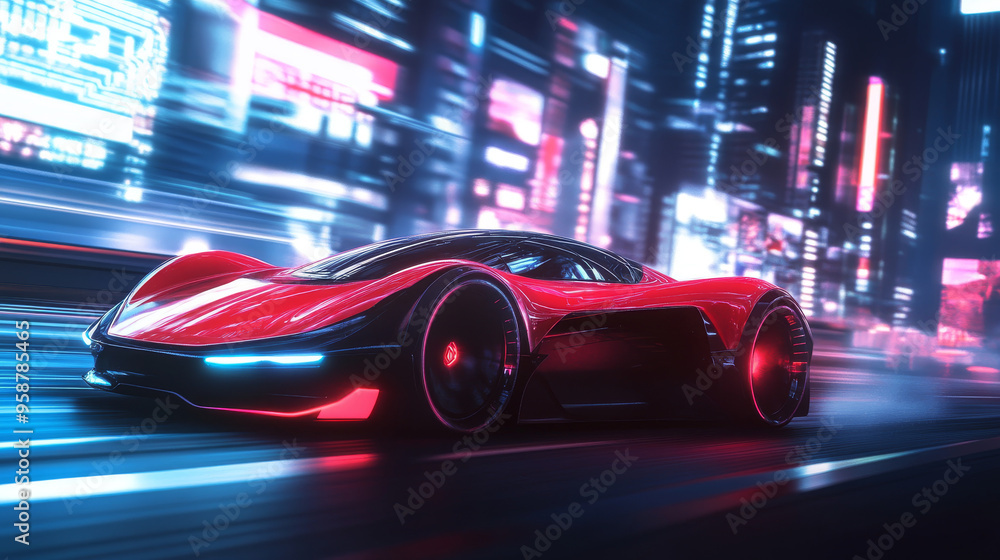 A sleek red sports car races through the city, glowing with neon lights. It's a futuristic vision of what cars might be like in the future. A sleek red sports car races through the city, glowing with neon lights. It's a futuristic vision of what cars might be like in the future.
